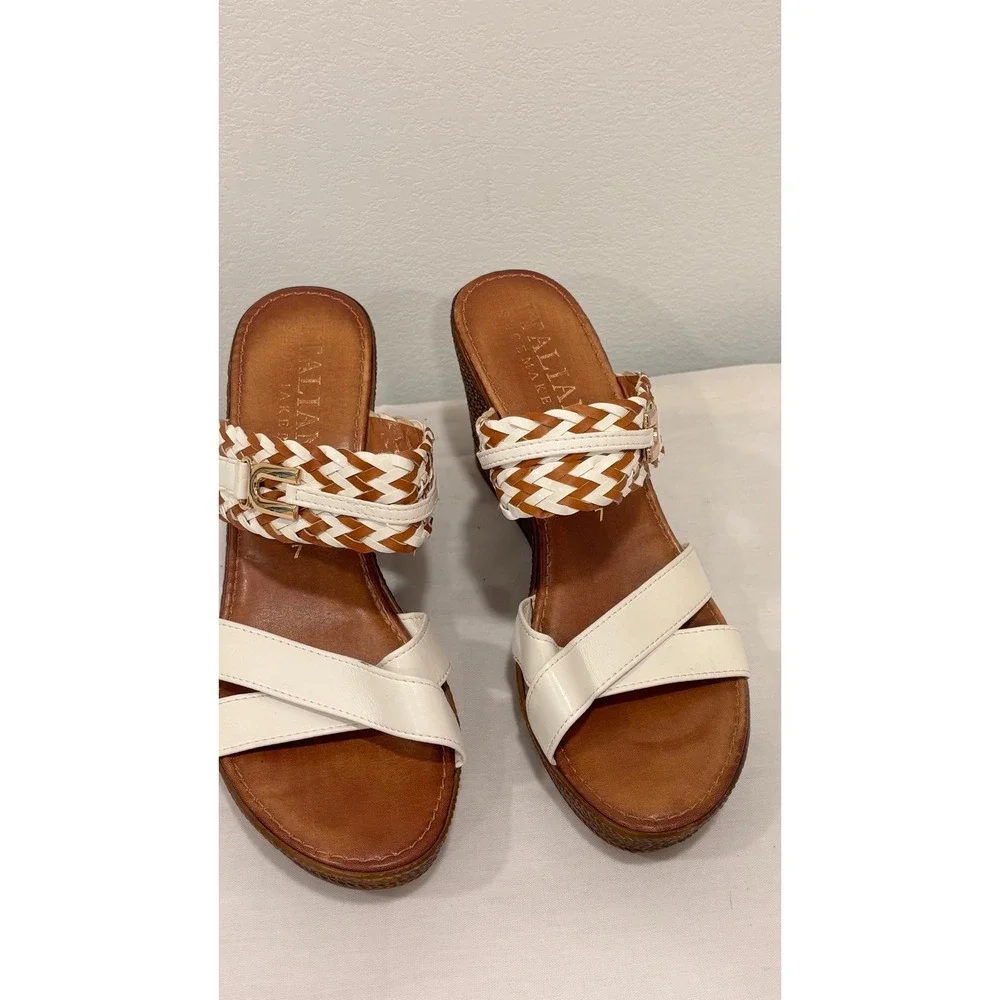 Italian Shoemakers White Brown Braided Buckle Wedge Sandals Size 7 Made in Italy